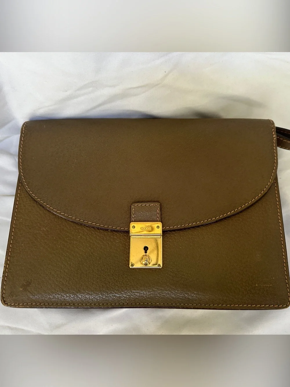 Gucci Brown Leather Clutch with Gold Lock and wristband and key